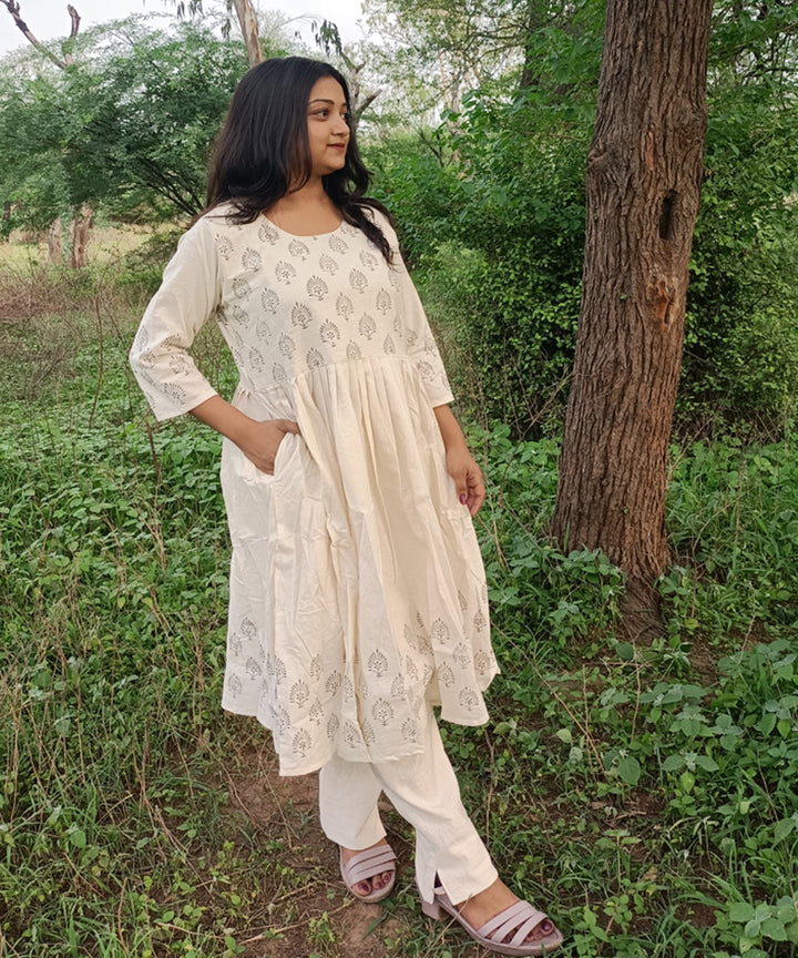 White kora handspun khadi cotton handwoven block print kurti