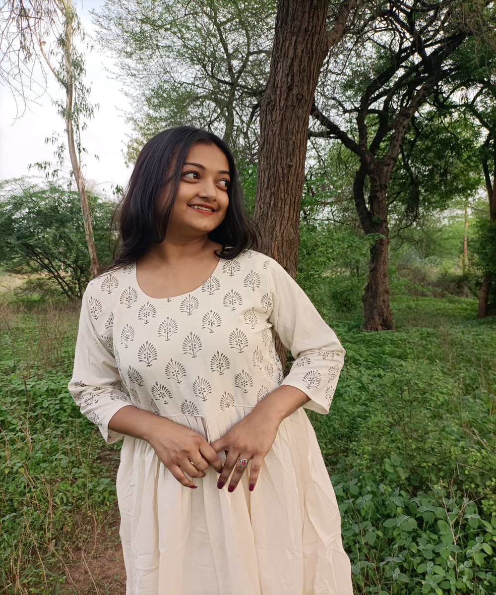 White kora handspun khadi cotton handwoven block print kurti