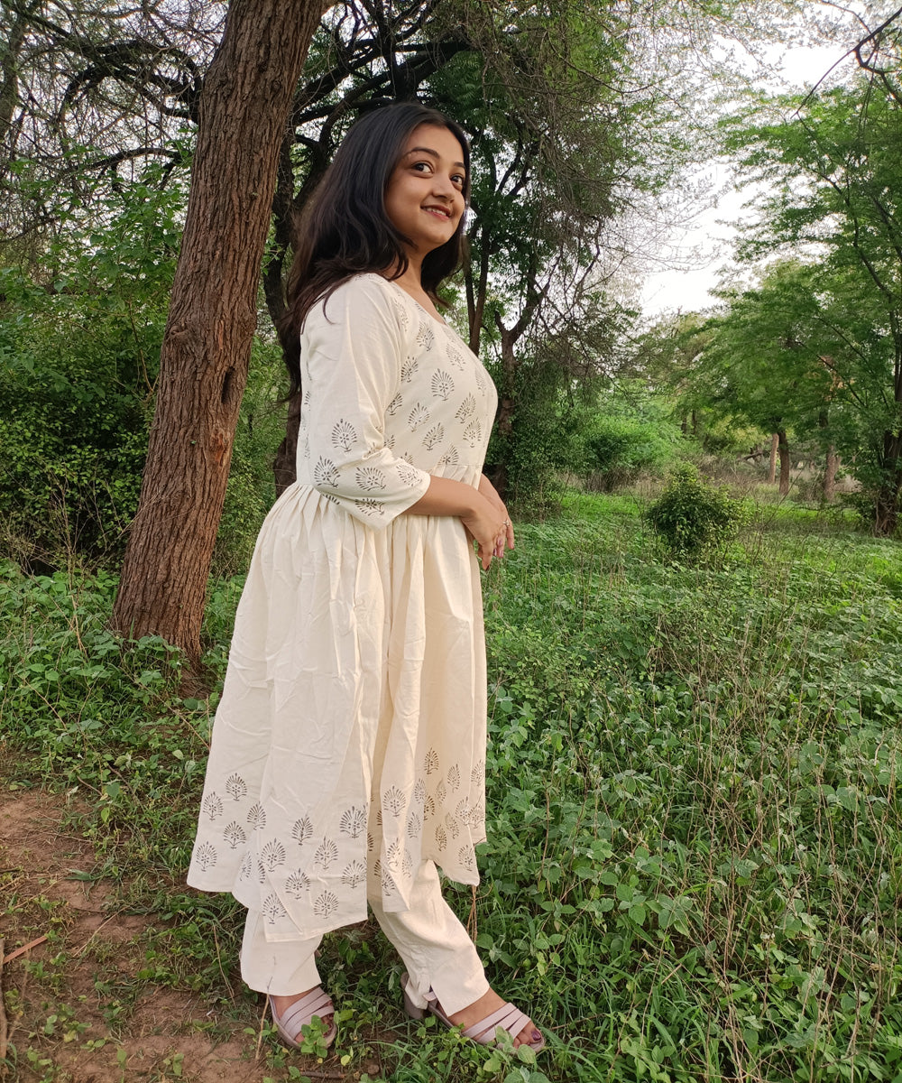 White kora handspun khadi cotton handwoven block print kurti