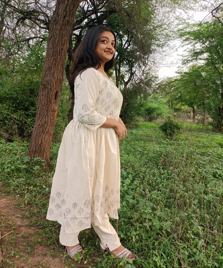 White kora handspun khadi cotton handwoven block print kurti