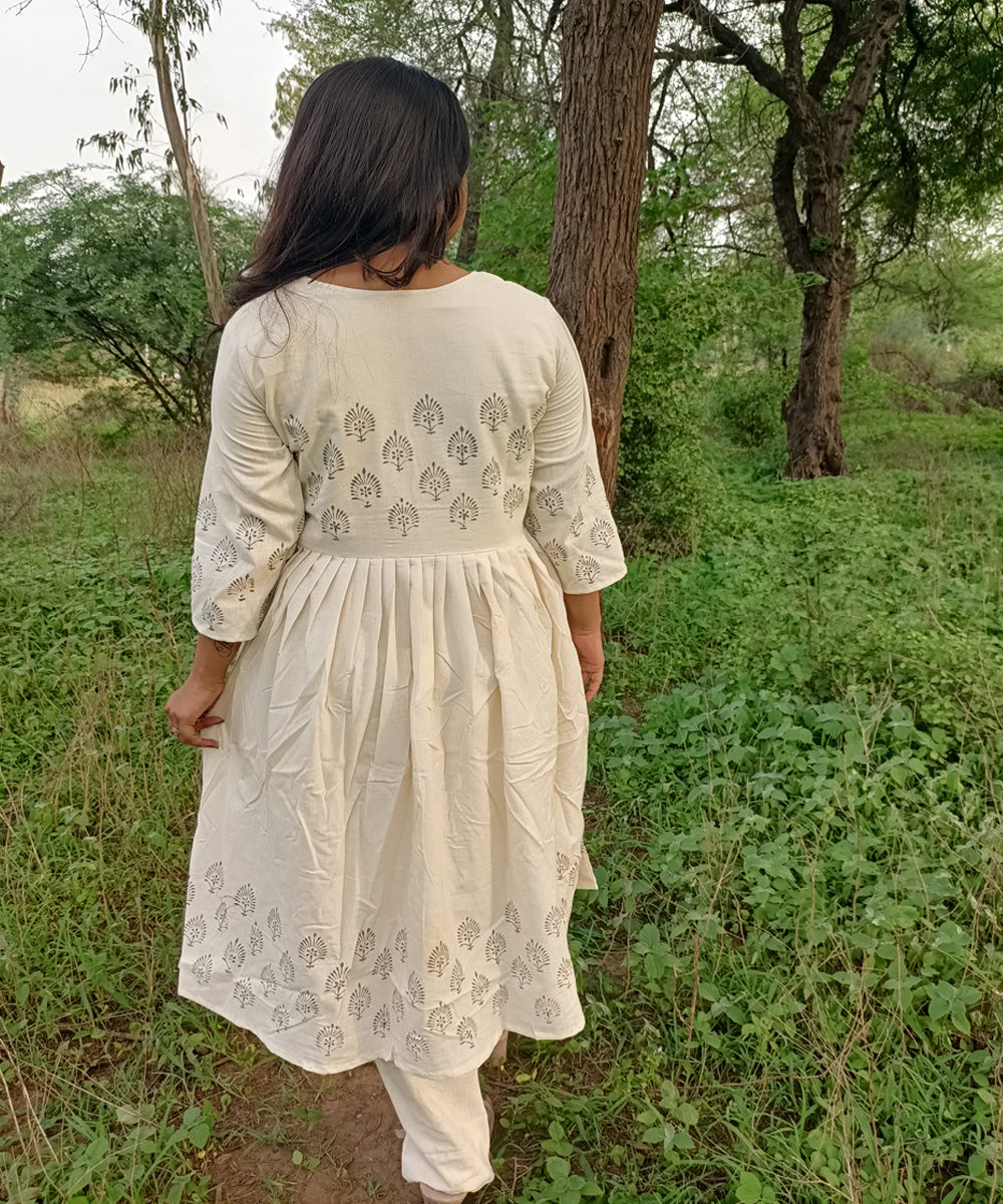 White kora handspun khadi cotton handwoven block print kurti