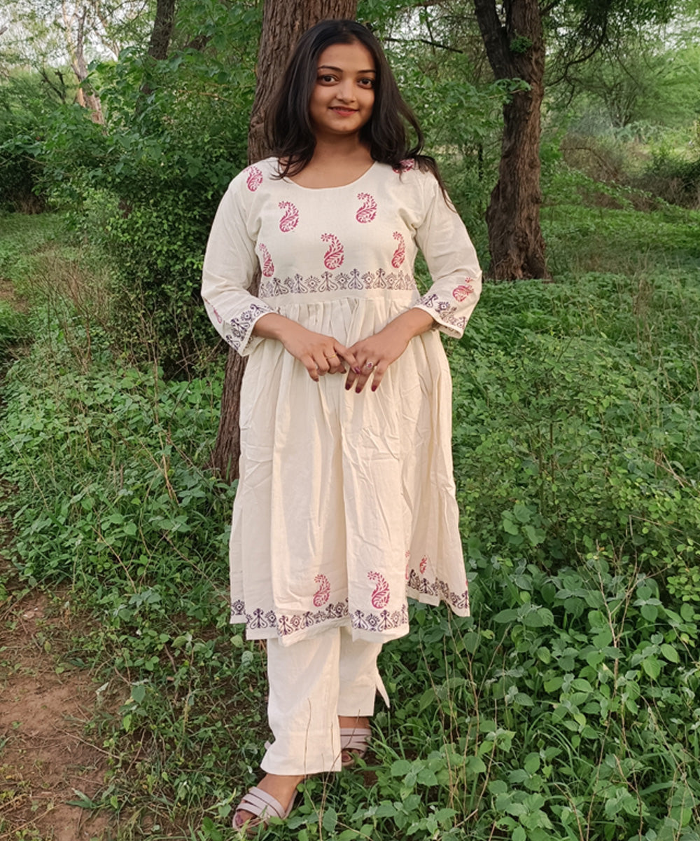 White kora handspun handwoven khadi cotton block print kurti