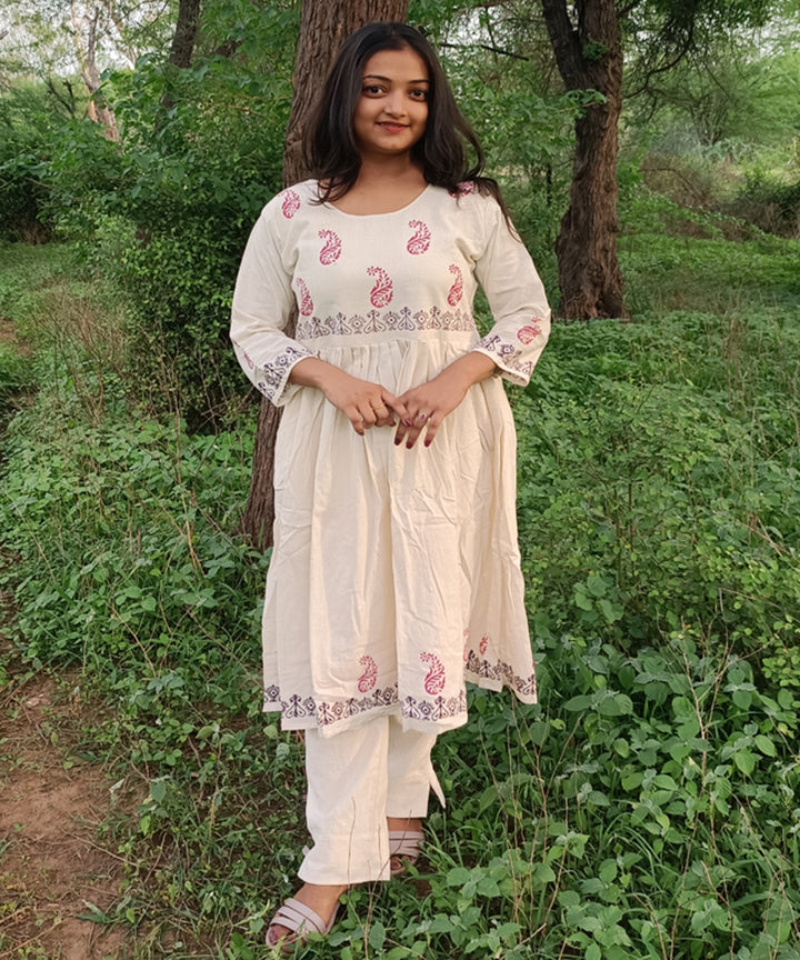 White kora handspun handwoven khadi cotton block print kurti