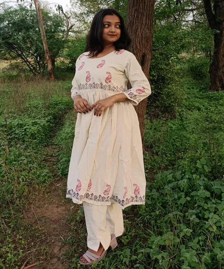 White kora handspun handwoven khadi cotton block print kurti