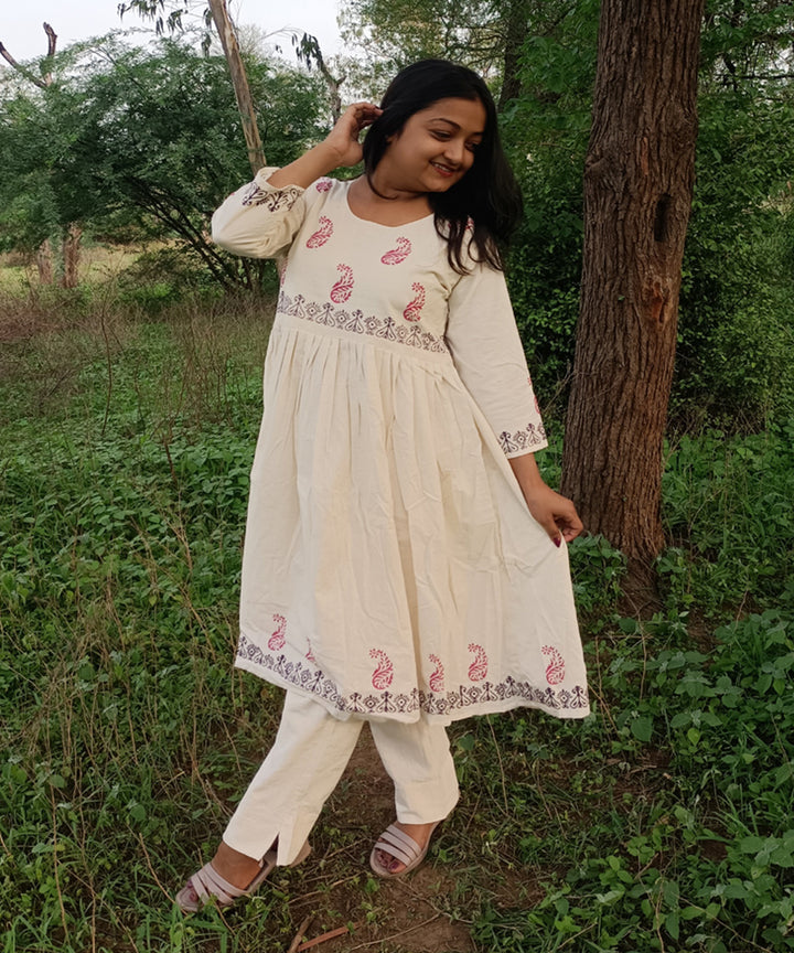 White kora handspun handwoven khadi cotton block print kurti