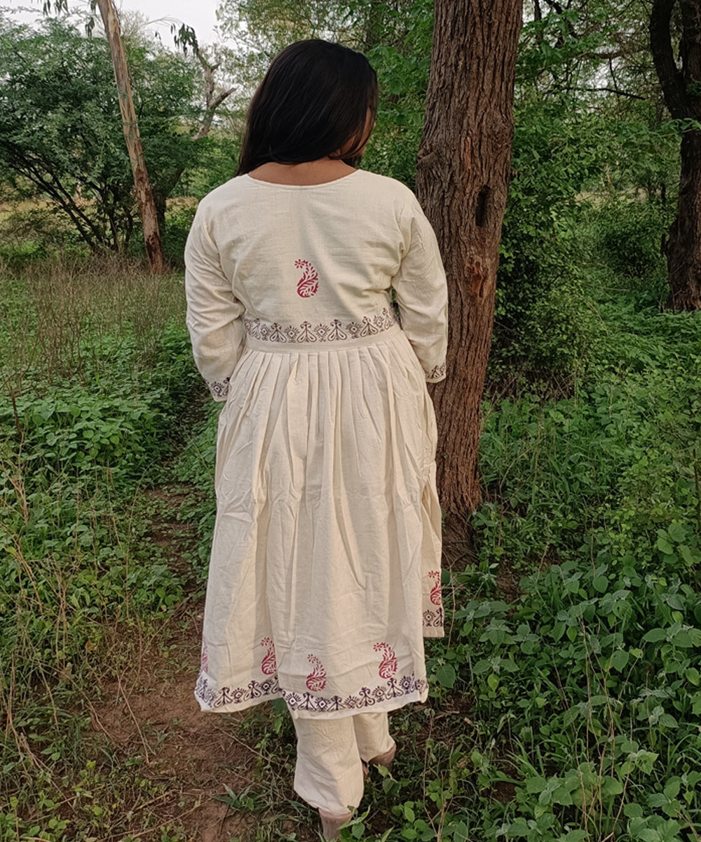 White kora handspun handwoven khadi cotton block print kurti