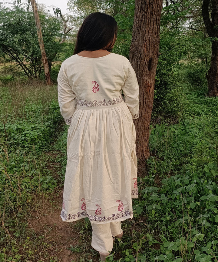 White kora handspun handwoven khadi cotton block print kurti