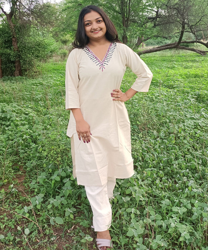 White kora handspun handwoven embroidery khadi cotton kurti