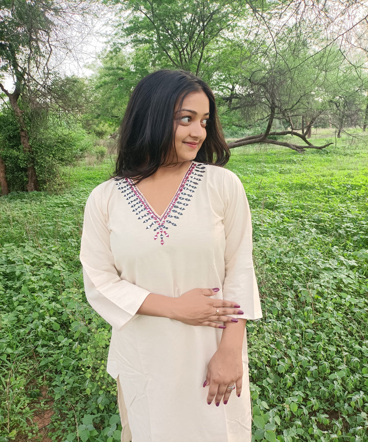 White kora handspun handwoven embroidery khadi cotton kurti