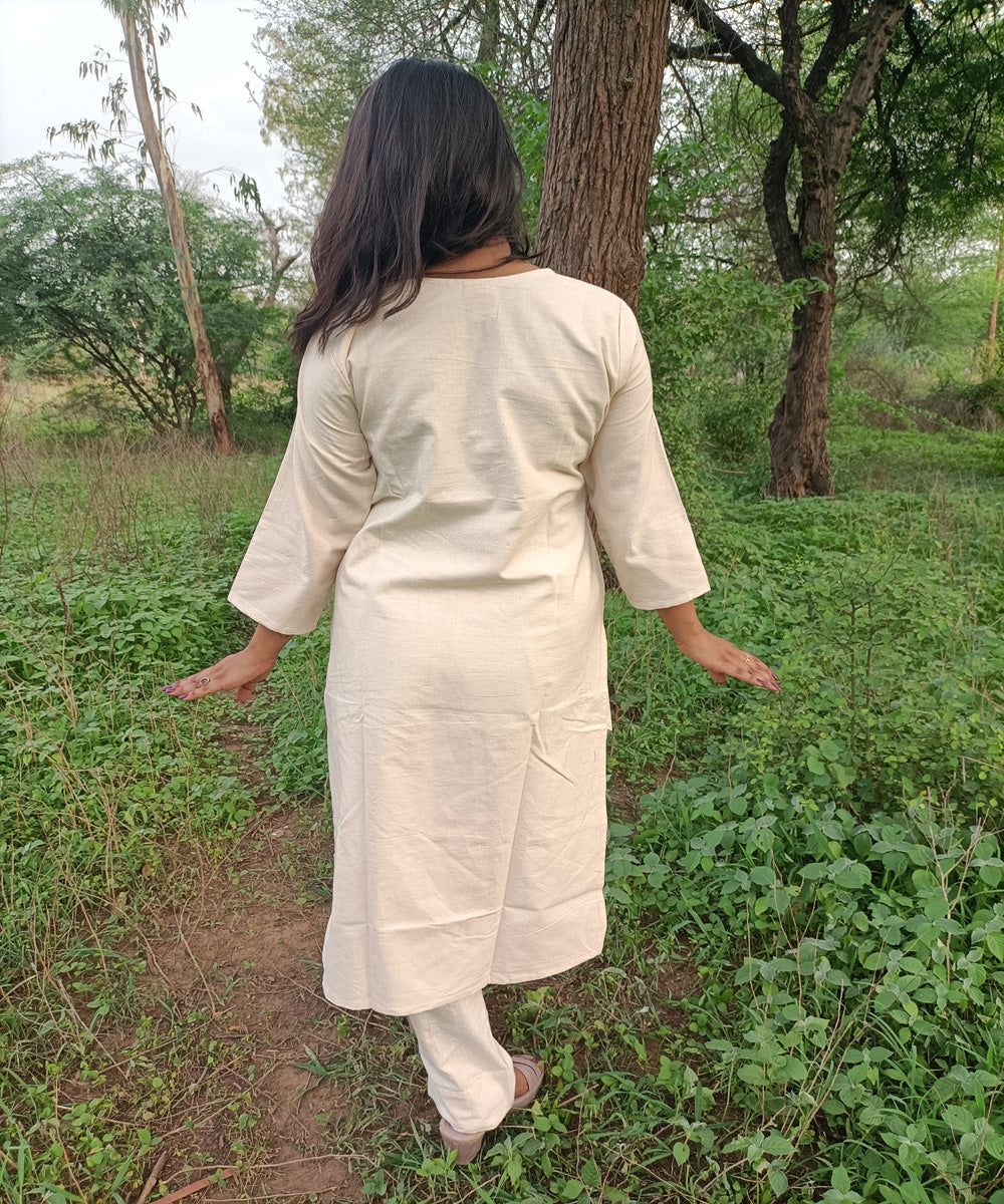 White kora handspun handwoven embroidery khadi cotton kurti