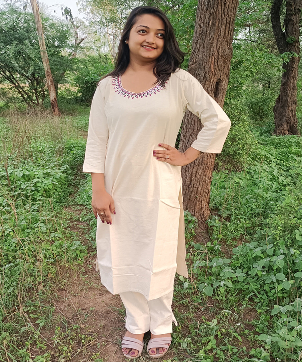 White kora handwoven handspun khadi cotton embroidery kurti