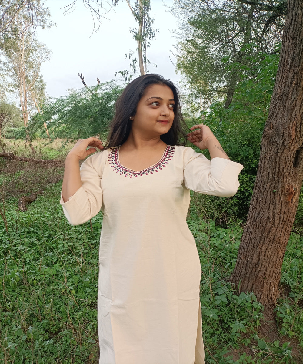 White kora handwoven handspun khadi cotton embroidery kurti