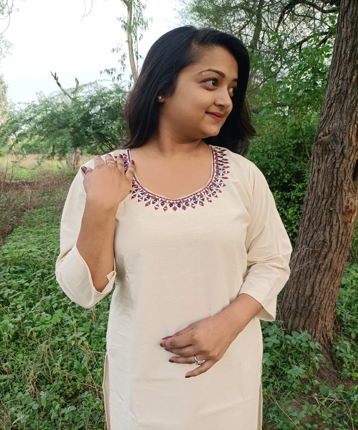 White kora handwoven handspun khadi cotton embroidery kurti