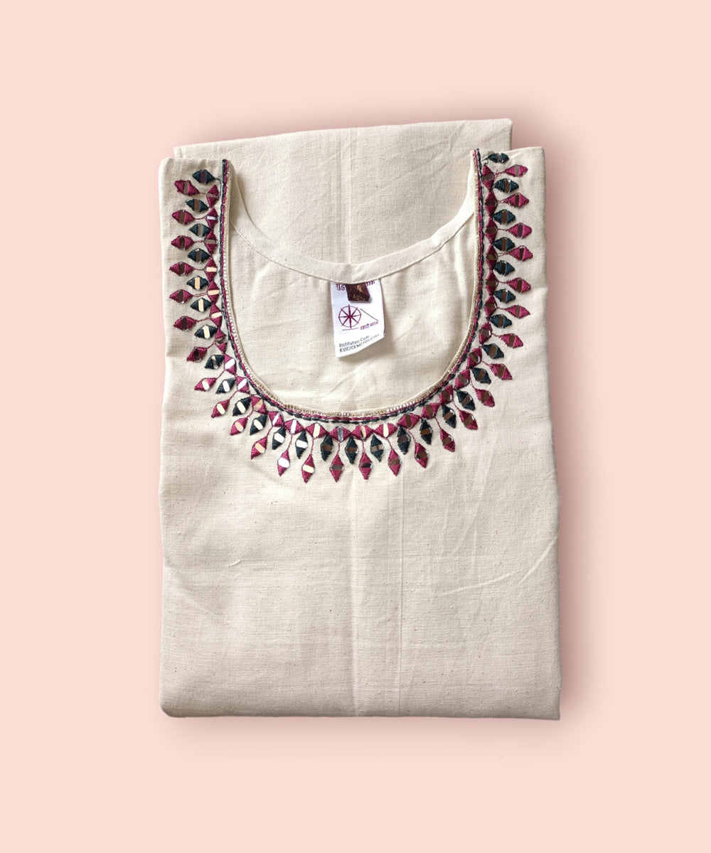 White kora handwoven handspun khadi cotton embroidery kurti