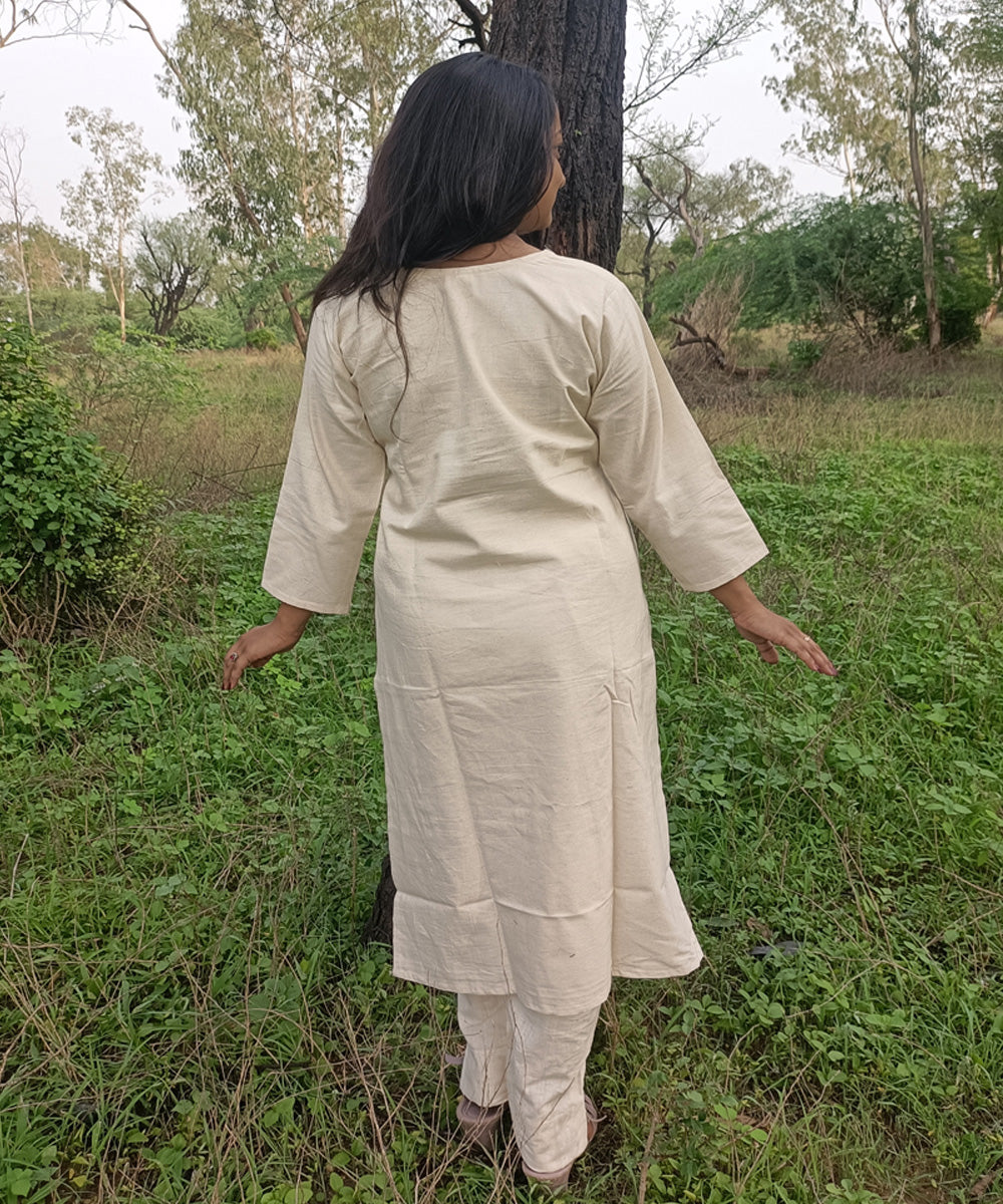 White kora handwoven handspun khadi cotton embroidery kurti