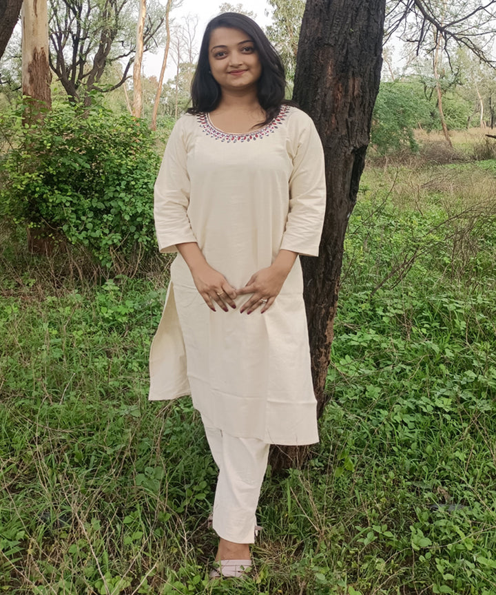 White kora handspun handwoven khadi cotton embroidery kurti