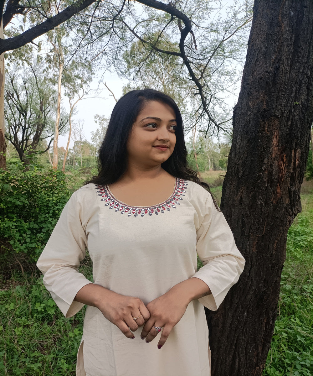 White kora handspun handwoven khadi cotton embroidery kurti