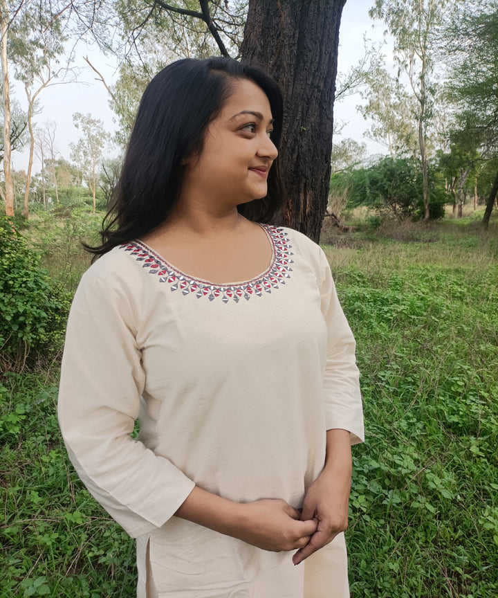 White kora handspun handwoven khadi cotton embroidery kurti