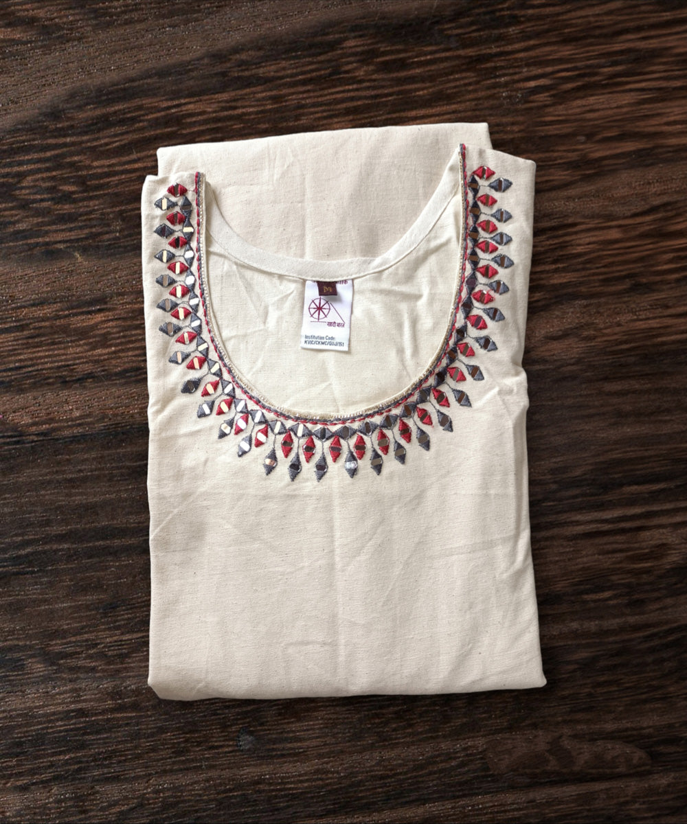White kora handspun handwoven khadi cotton embroidery kurti