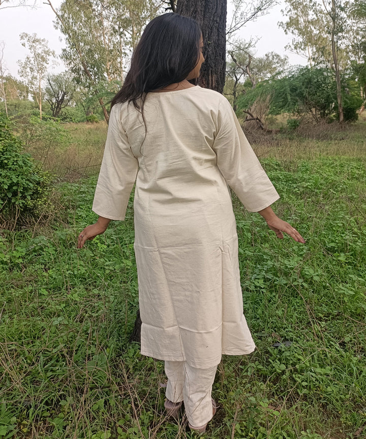 White kora handspun handwoven khadi cotton embroidery kurti