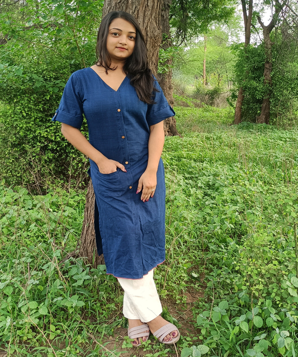Indigo natural dyed yarn handspun handwoven khadi cotton kurti with pant