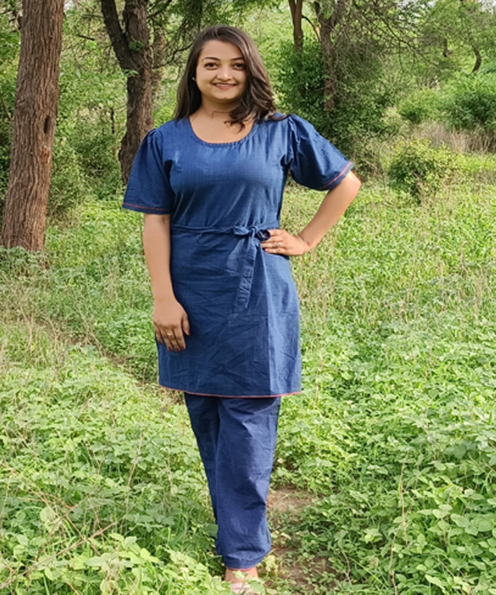 Indigo natural dyed yarn handspun handwoven khadi cotton kurti with pant