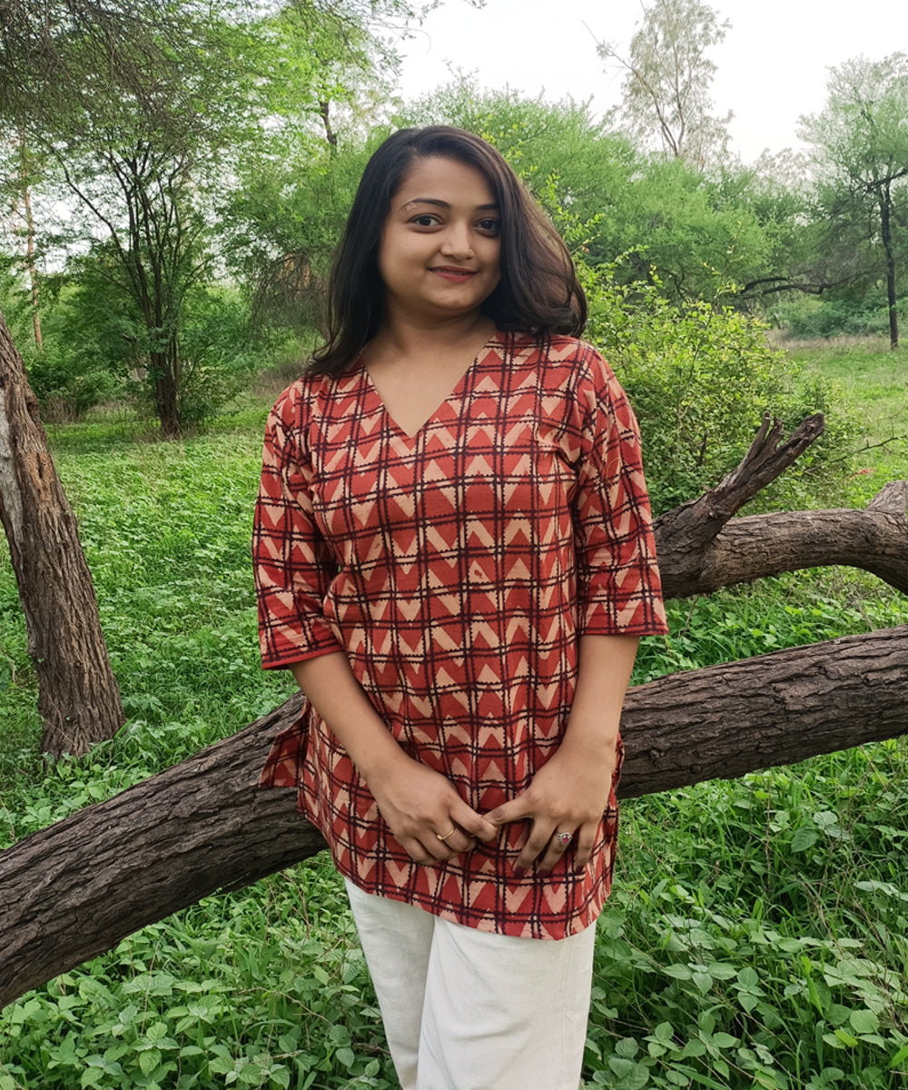 Red black handspun handwoven khadi cotton ajrakh print kurti