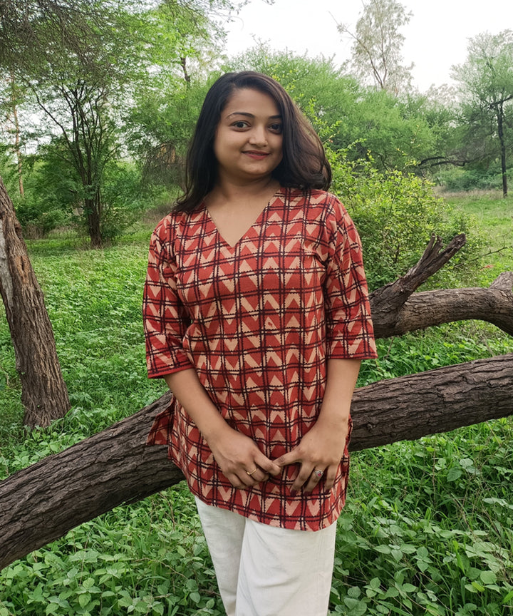 Red black handspun handwoven khadi cotton ajrakh print kurti