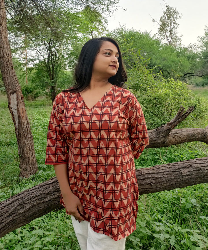 Red black handspun handwoven khadi cotton ajrakh print kurti