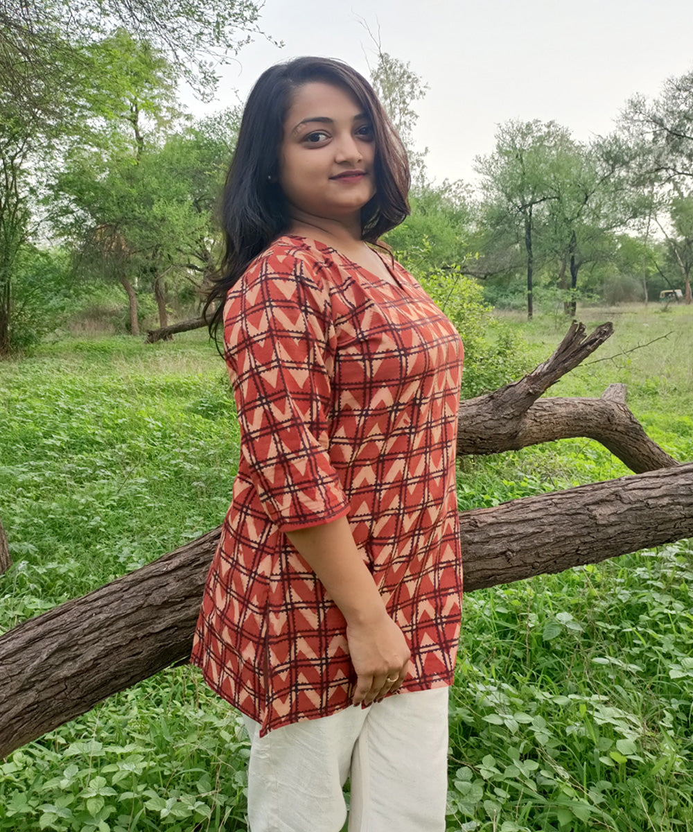 Red black handspun handwoven khadi cotton ajrakh print kurti