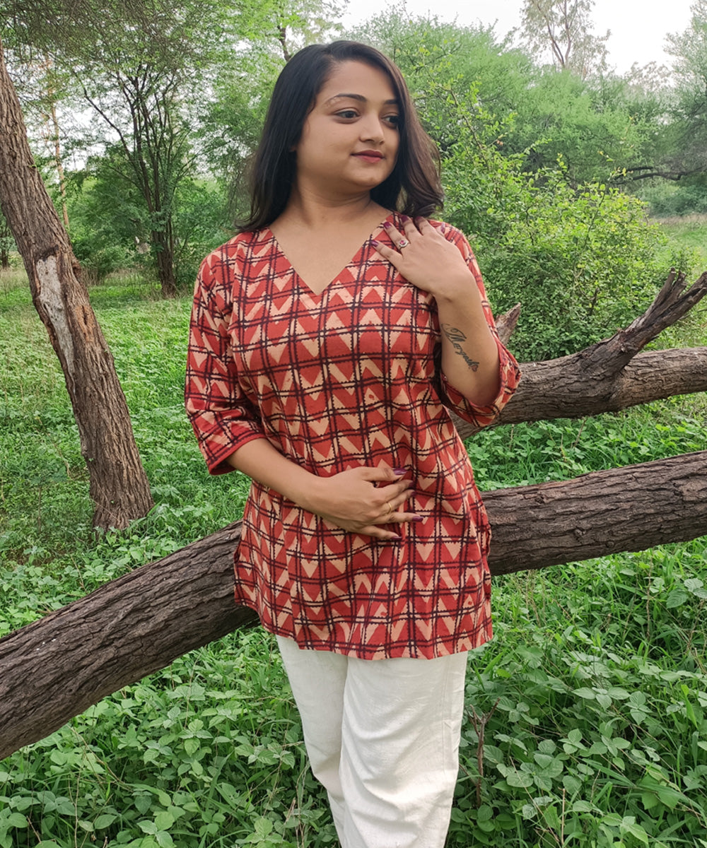 Red black handspun handwoven khadi cotton ajrakh print kurti