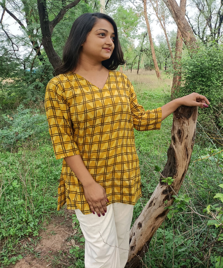 Yellow black handspun handwoven khadi cotton ajrakh print kurti