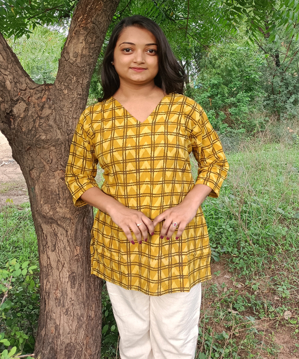 Yellow black handspun handwoven khadi cotton ajrakh print kurti
