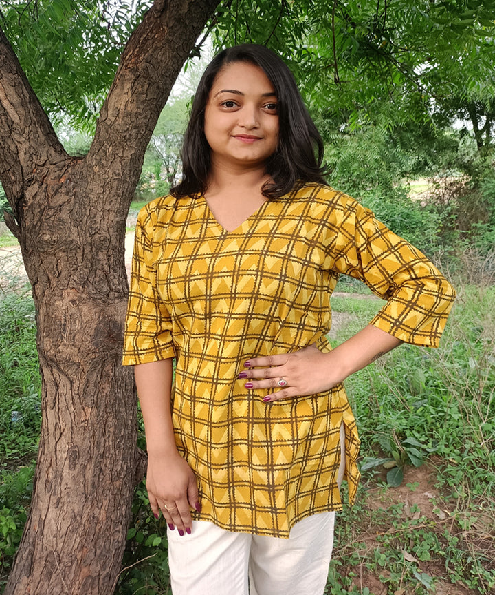 Yellow black handspun handwoven khadi cotton ajrakh print kurti