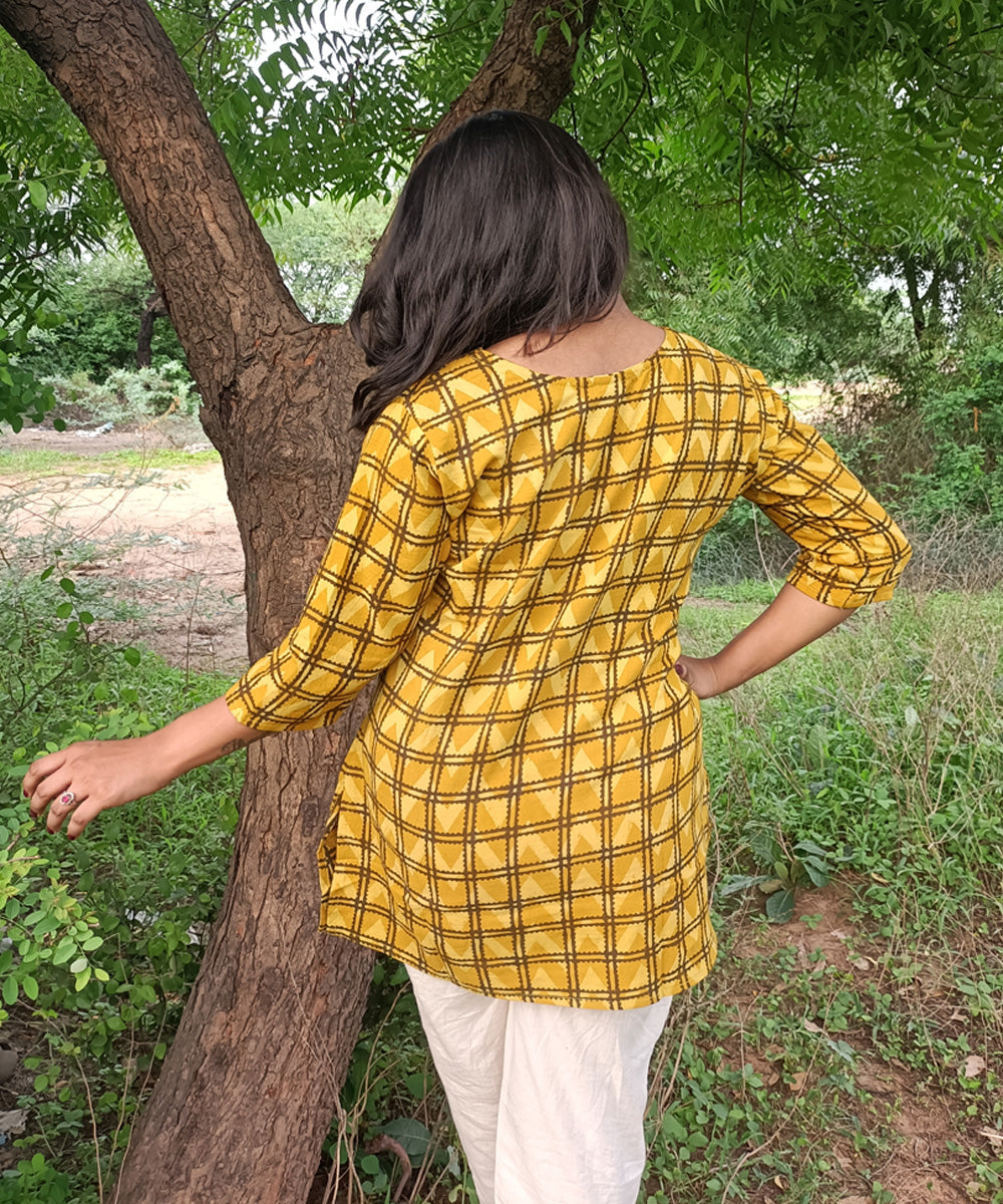 Yellow black handspun handwoven khadi cotton ajrakh print kurti