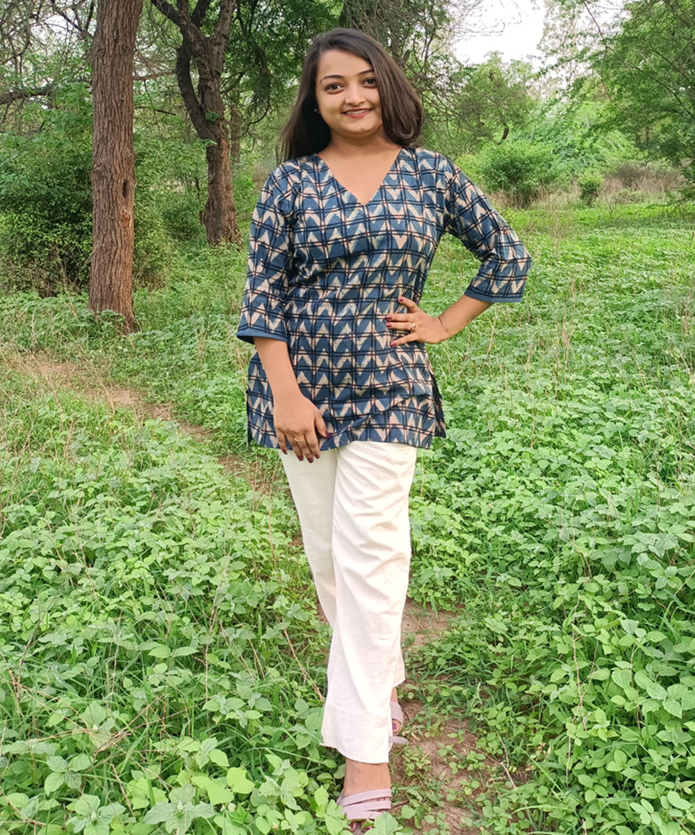 Blue black handspun handwoven khadi cotton ajrakh print kurti