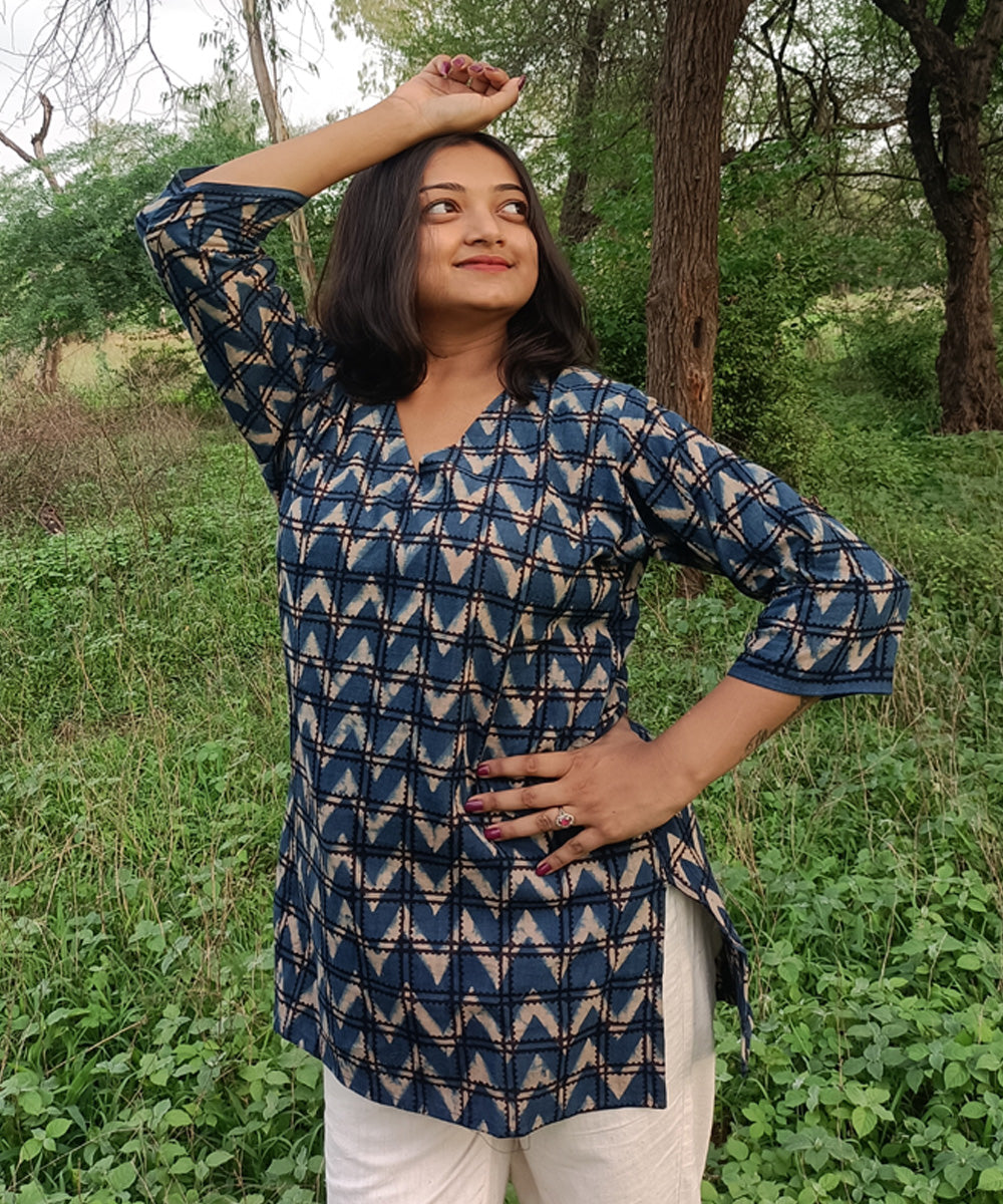 Blue black handspun handwoven khadi cotton ajrakh print kurti