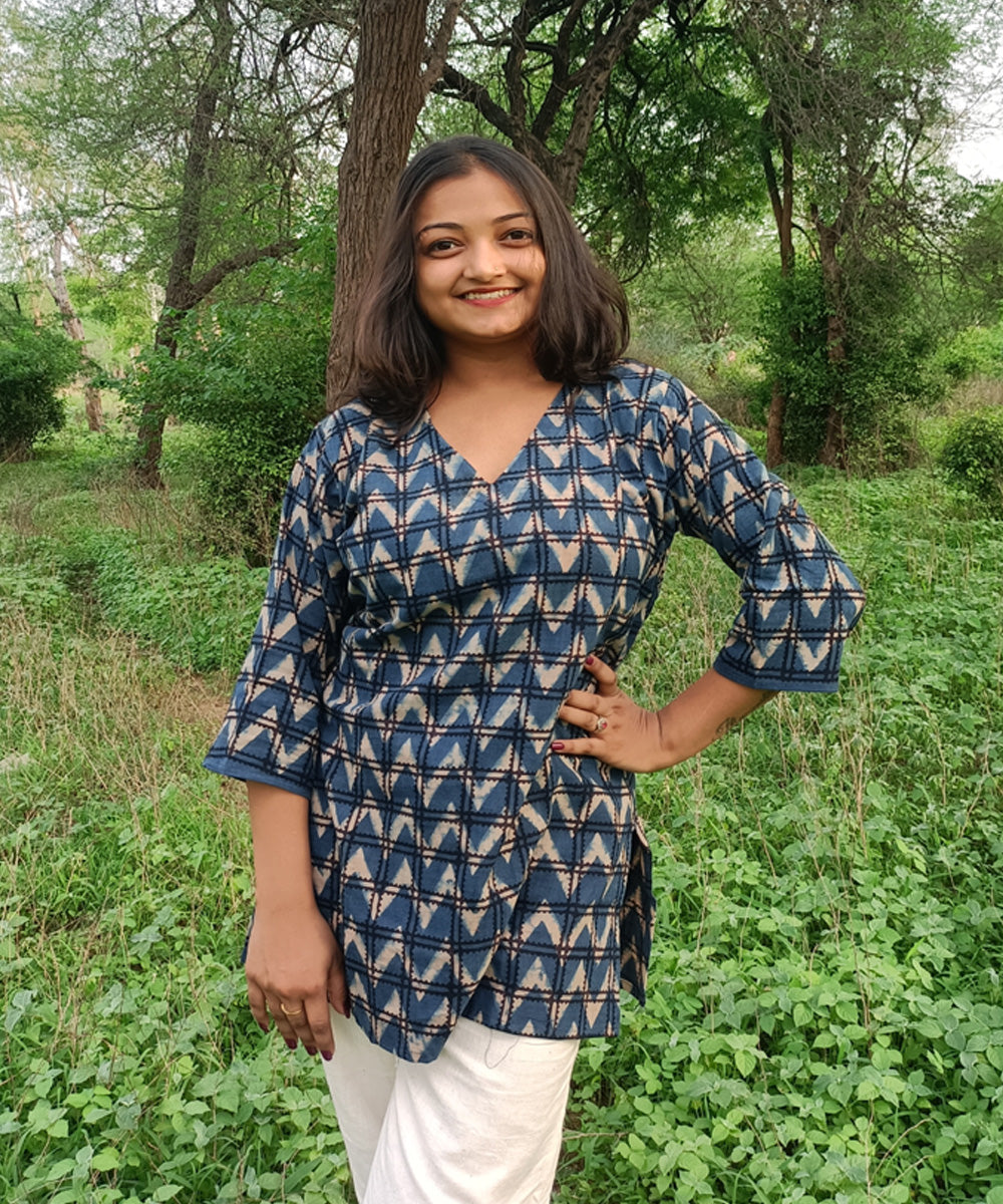 Blue black handspun handwoven khadi cotton ajrakh print kurti