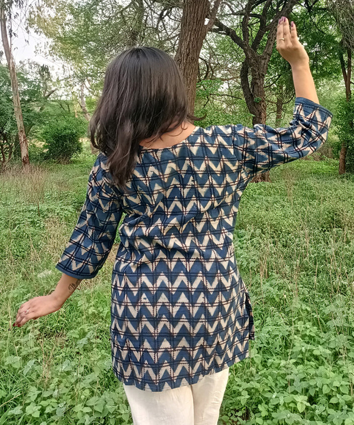 Blue black handspun handwoven khadi cotton ajrakh print kurti