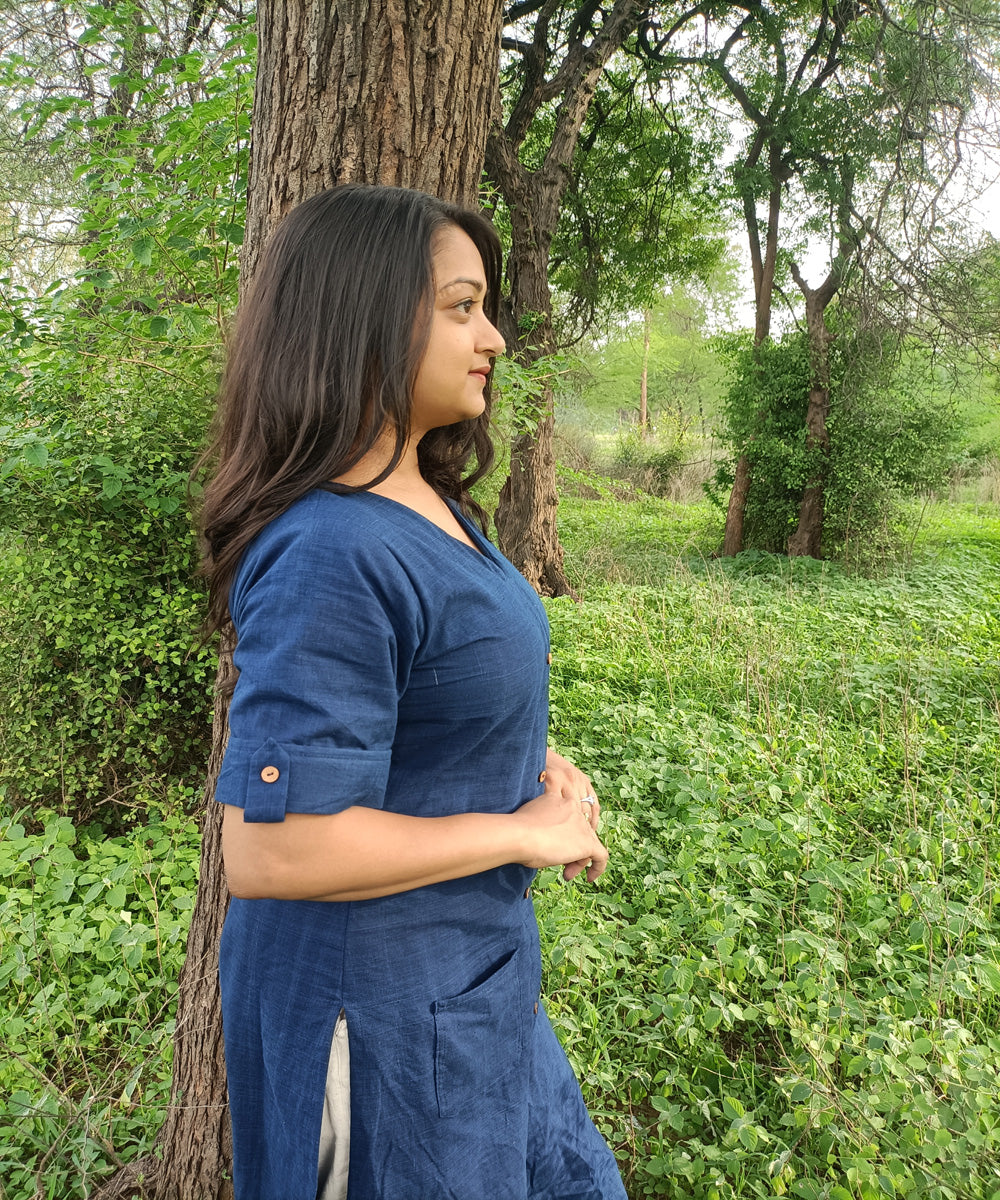 Indigo natural dyed yarn handspun handwoven khadi cotton kurti