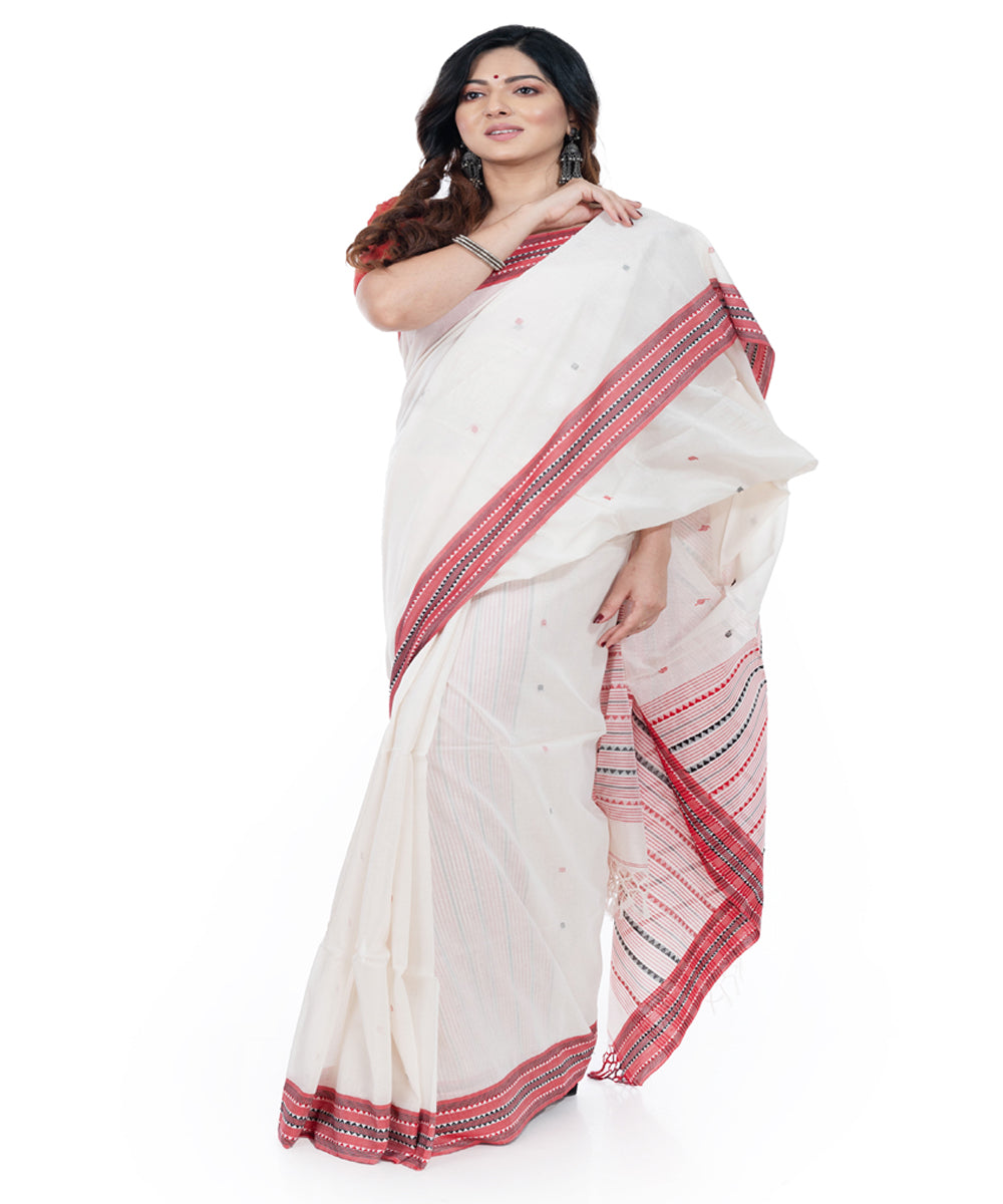 White brown handwoven cotton tangail saree