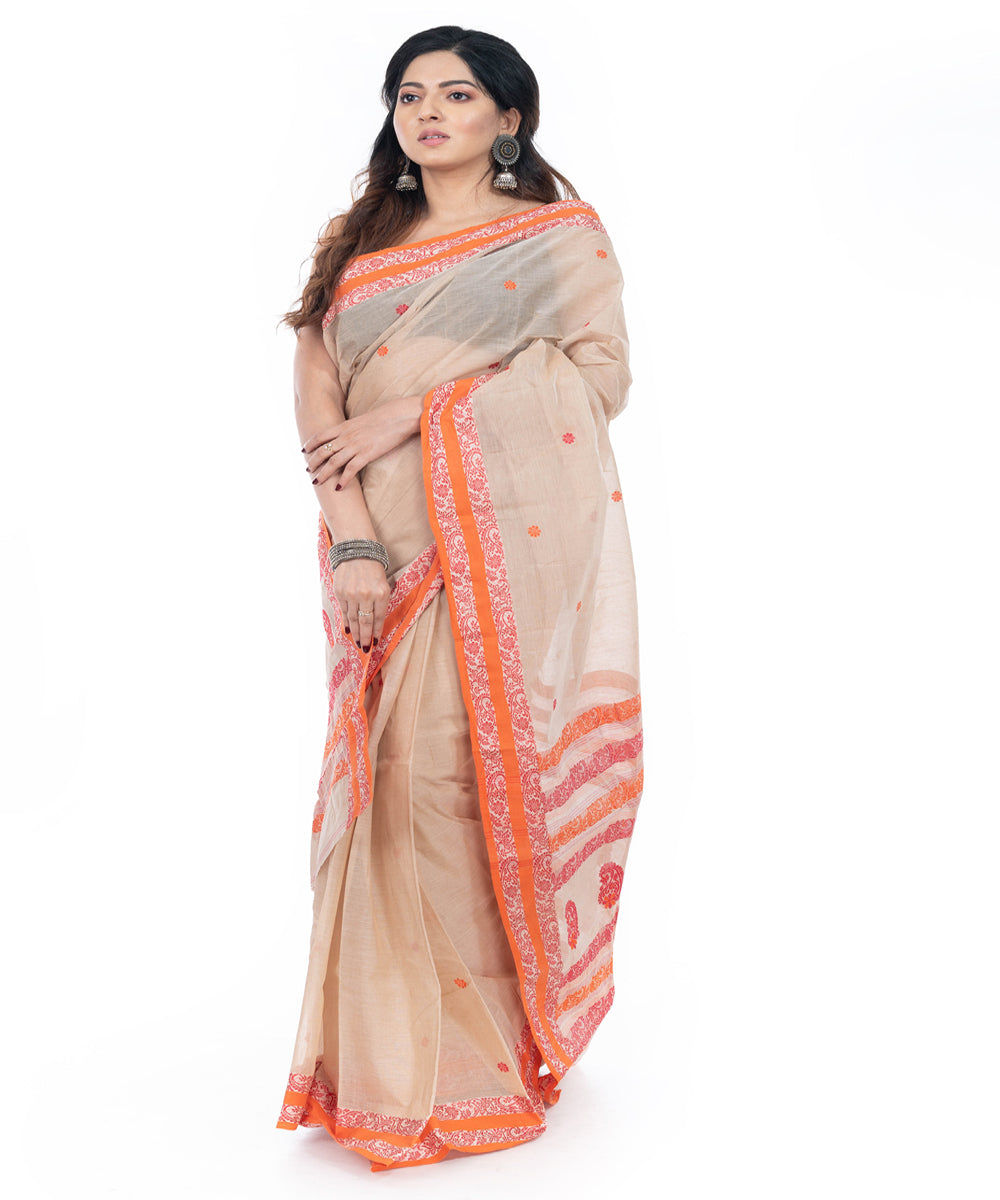 Beige red handwoven cotton tangail saree