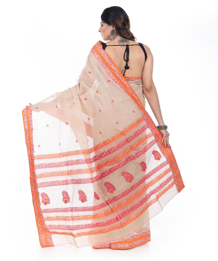 Beige red handwoven cotton tangail saree
