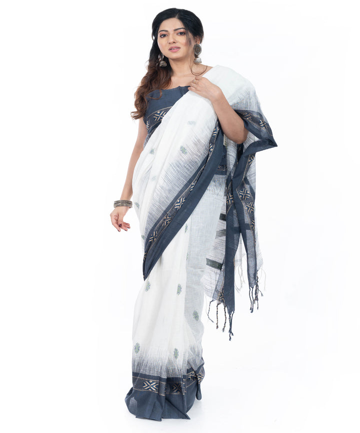 White black handwoven cotton tangail saree