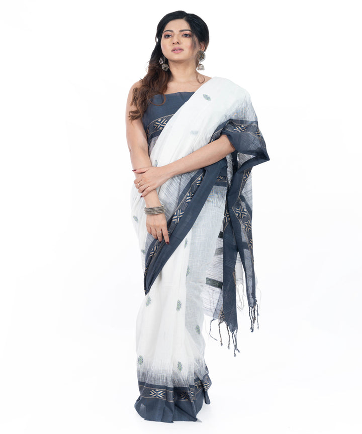 White black handwoven cotton tangail saree