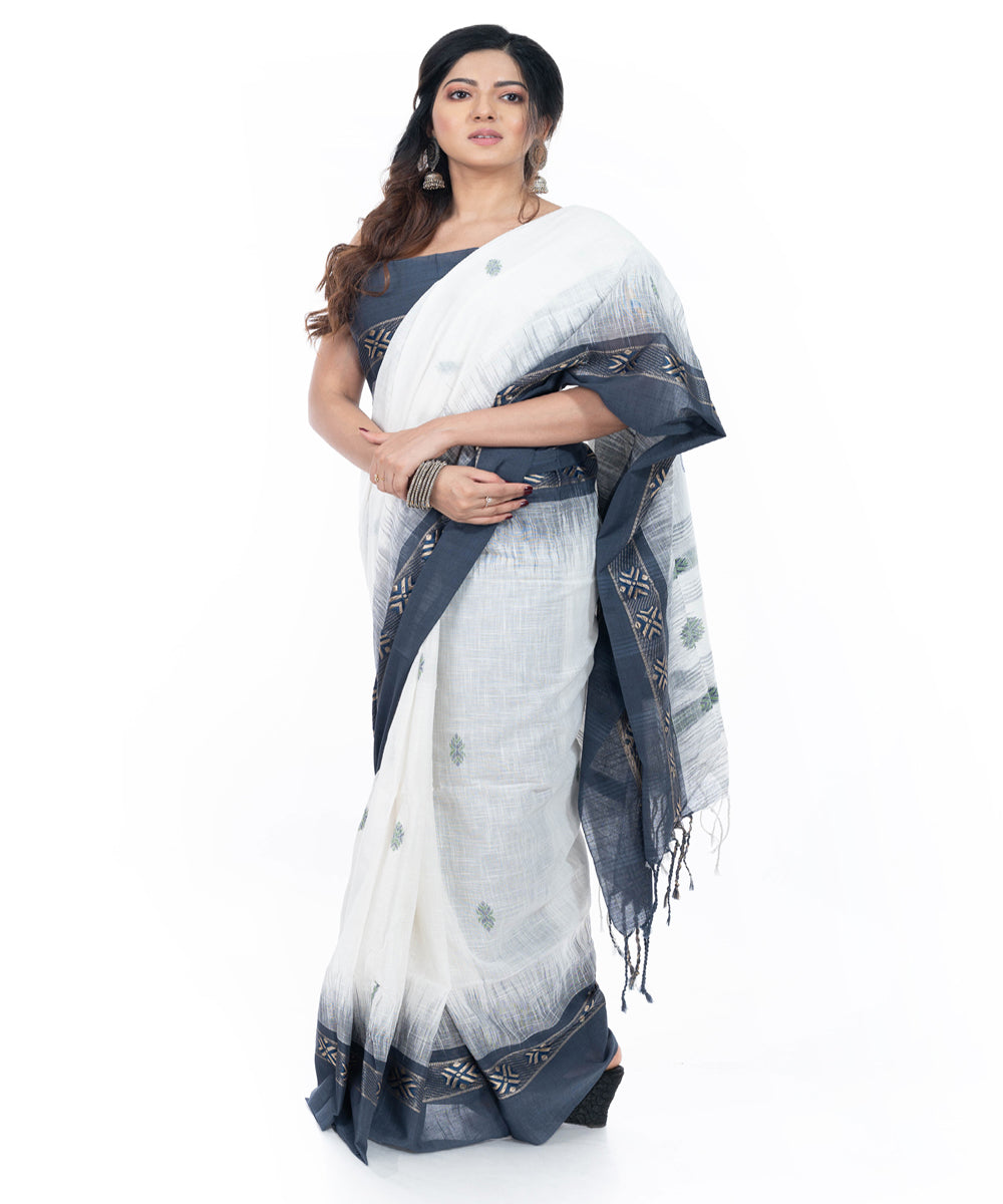 White black handwoven cotton tangail saree