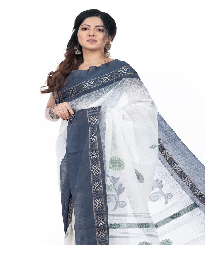 White black handwoven cotton tangail saree