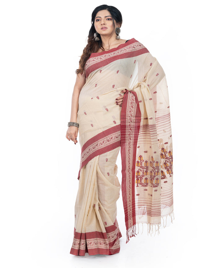 Beige brown handwoven cotton tangail saree