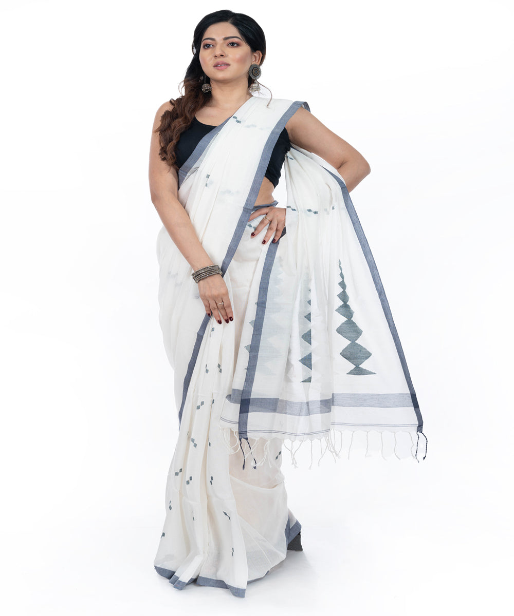 White blue handwoven cotton tangail saree