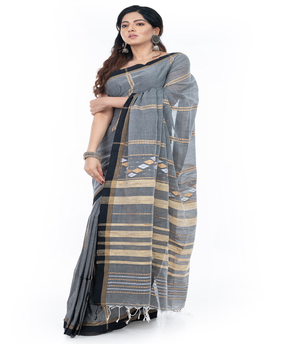 Grey black handwoven cotton tangail saree